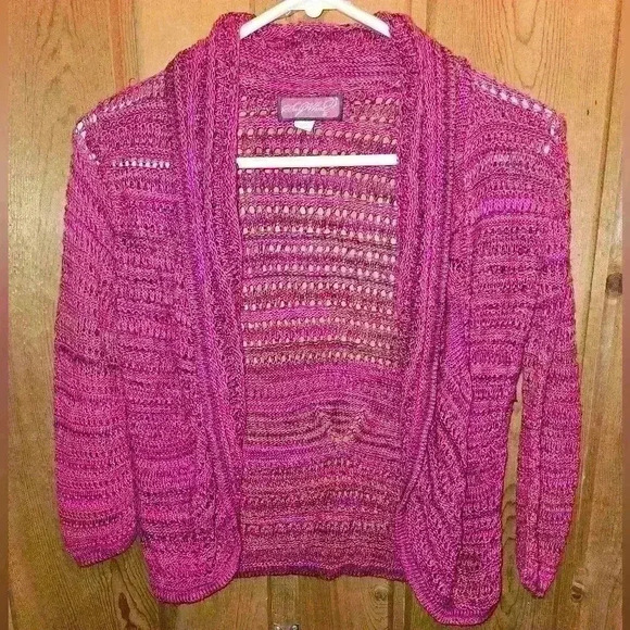Say What? Cardigan sz Med open front, crocheted, 3/4 sleeve - Picture 1 of 4